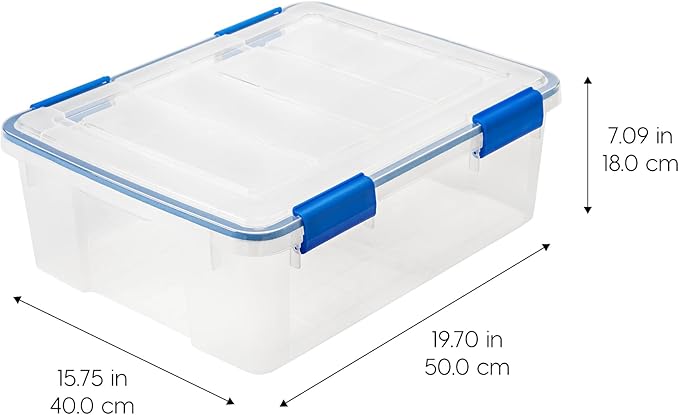 IRIS USA WeatherPro 27 Qt Storage Bins with Lids 3 Pack BPA-Free Plastic Gasket Box with Tight Latch and Seal Stackable Nestable Tote Tub - Clear/Blue