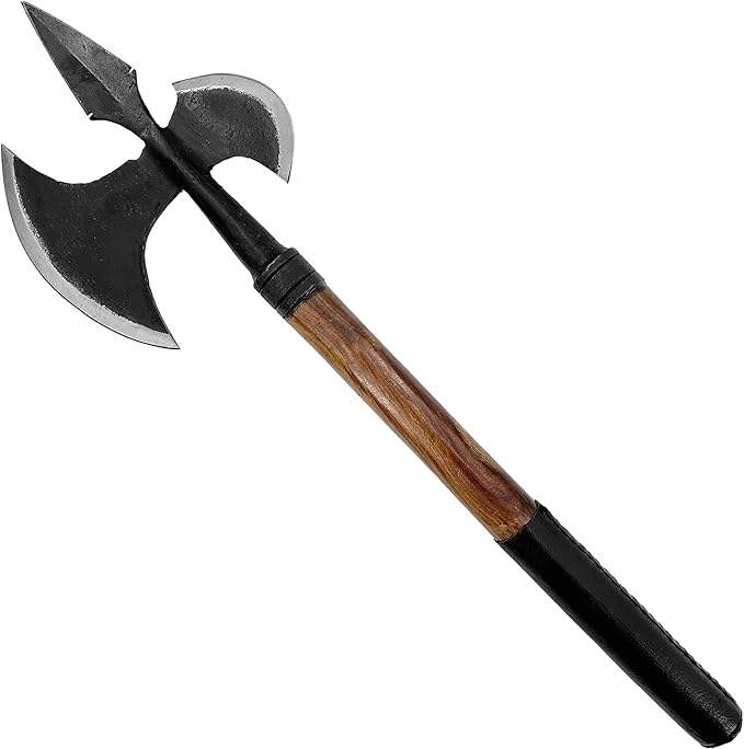 MedievalDepot Hand Forged Viking Invasion Battle Axe – Overall 25” – Carbon Steel Blade with Wood Handle and Leather Grip – Functional Collectible for Reenactment Display or Gifting