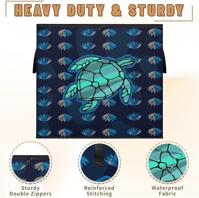 Large Sea Turtle Storage Bags with Lid XL Blanket Clothes Storage Bins Foldable Organizers Storage Containers with Handle for Comforters Bed Sheets Pillows Ocean Animal