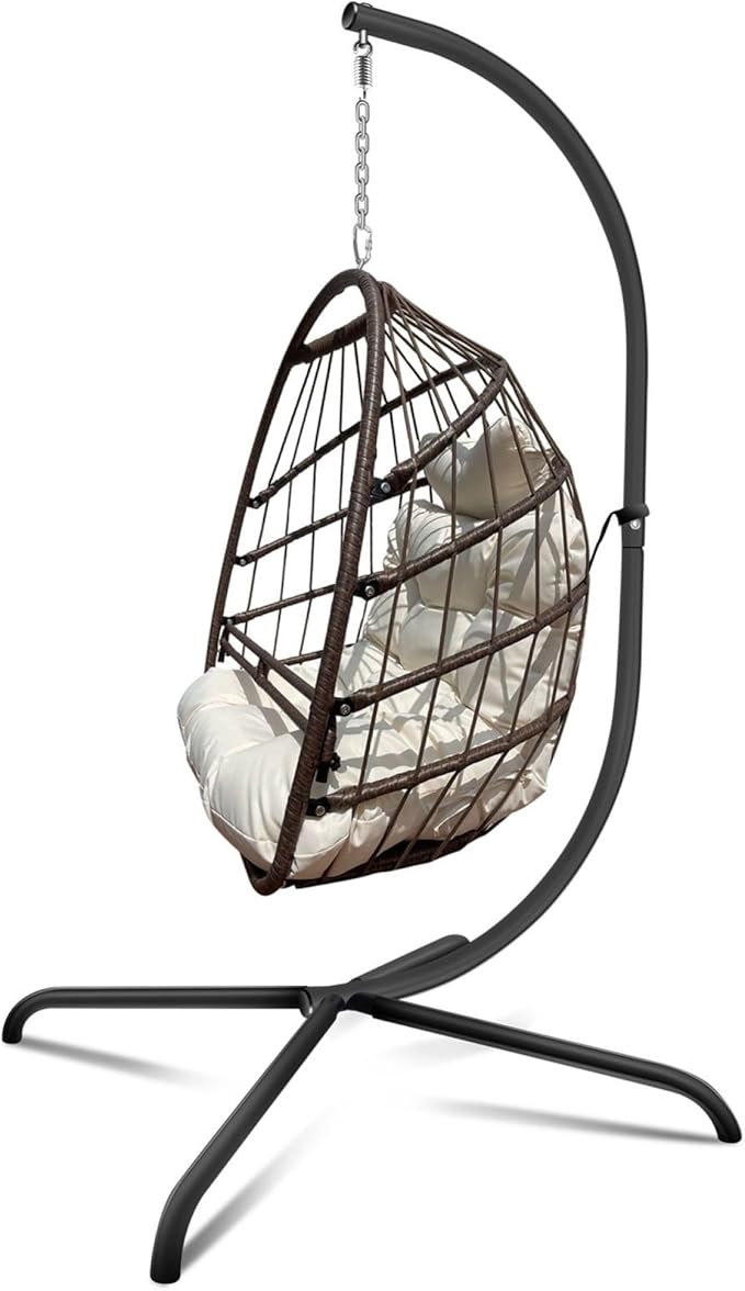 Swing Egg Chair with Stand Indoor Outdoor Wicker Rattan Patio Basket Hanging Chair with C Type Bracket Cushion Pillow and Special Construction Cup Holder