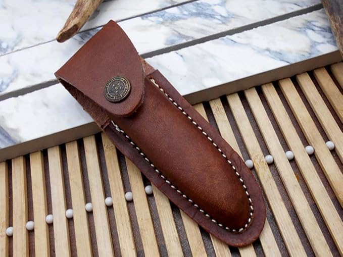 Laguiole Folding Damascus Steel Knife 8.5 Long with 4 Hand Forged Twist patren Blade. Rose Wood &amp Brass Bolster Scale. Cow Hide Leather Sheath Included (Brown)