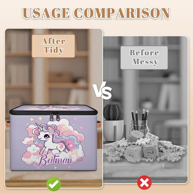 Storage-Bins with Lids Handle Customized Stackable-Storage-Bin for Kids-Boys-Girls-Toys Cube Collapsibl Basket Purple Unicorn