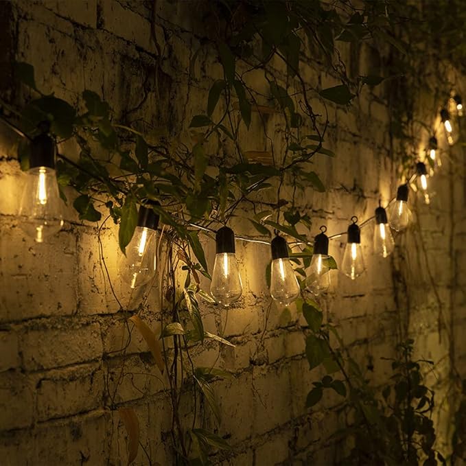 Solar Outdoor String Lights 25FT Patio Lights String Waterproof with 20 Warm White LED Shatterproof ST58 Bulbs Perfect for Garden Backyard Pergola Party Cafe Camping Decoration (25FT)
