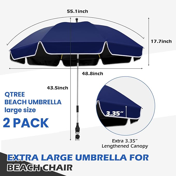 2PACK 48.8 inch Large Beach Umbrella with Clamp Sun Shade for Beach Chair360°Adjustable UV Protection Golf Umbrella with Clip for Outdoor Stroller Wheelchair Camping Chair
