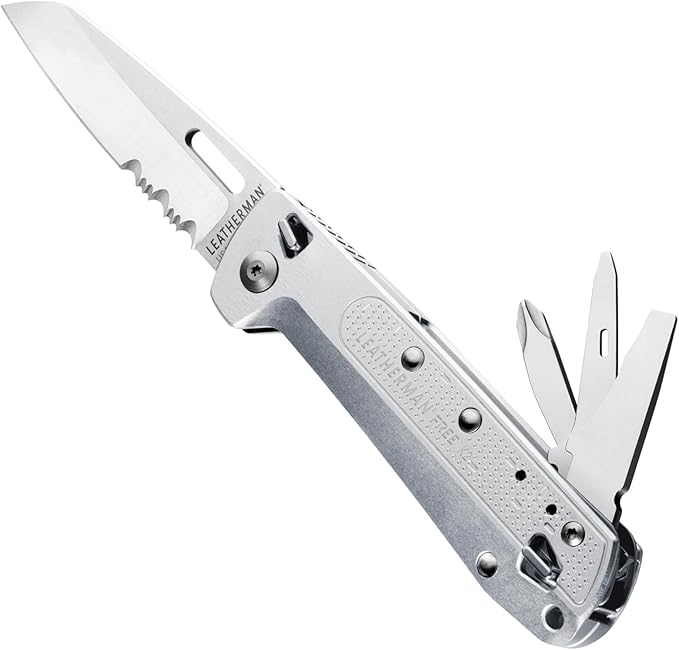 LEATHERMAN FREE K2 Folding Pocketknife 8-in-1 Multi-tool for Everyday Carry (EDC) Home &amp Outdoors Made in USA Silver (K2X with Serrated Blade)