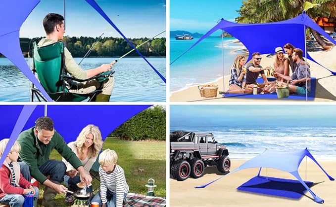 77 FT Beach Tent Sun Shelter UPF50+ UV Protection Outdoor Canopy Tent Sun Shade with 2 Poles for Camping Fishing Backyard and Picnics with Sandproof Beach Blanket Royal Blue