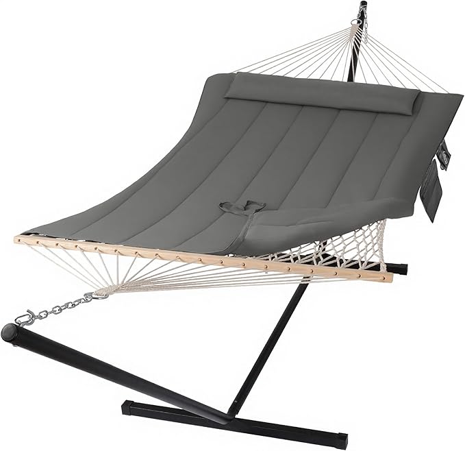 SUNCREAT Double Outdoor Hammock with Stand Two Person Cotton Rope Hammock with Polyester Pad Dark Gray