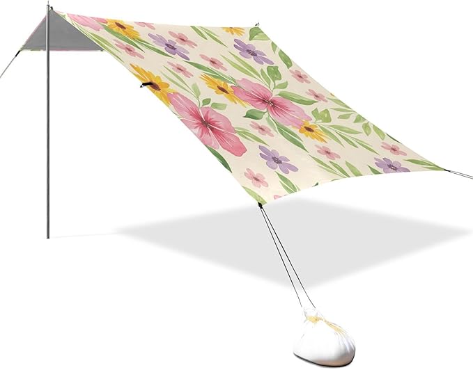 xigua Wildflowers Beach Tent Sun Shelter with Carrying Bag - Silver Coated Oxford Fabric Beach Canopy for Beach Camping Fishing - Includes Windproof Ropes Sandbags &amp Stakes