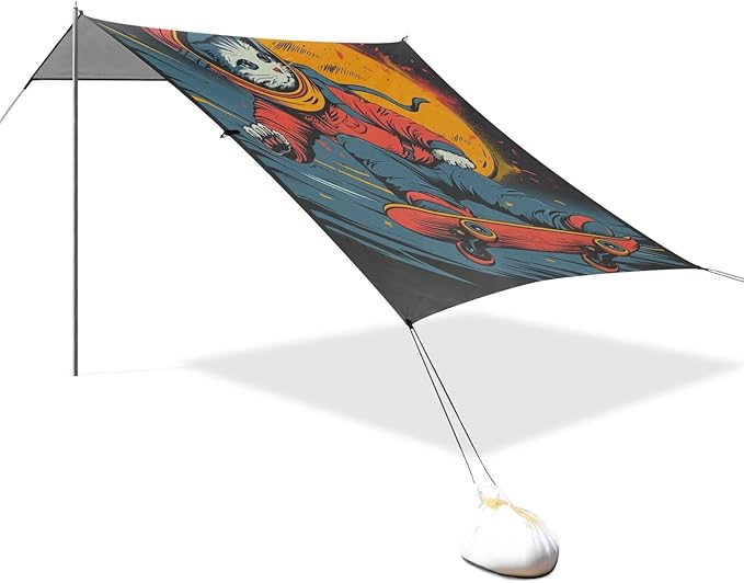 ALAZA Cat Kitten Astronaut Skateboard Beach Tent Sun Shelter UPF50+ Protection Beach Shade Canopy w/ 4 Sandbags for Outdoor Camping Fishing Backyard Fun Picnic 10x9 ft