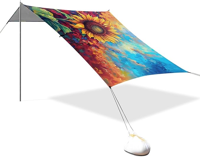 ALAZA Surreal Beautiful Vibrant Sunflower Oil Painting Beach Tent Sun Shelter UPF50+ Protection Beach Shade Canopy w/ 4 Sandbags for Outdoor Camping Fishing Backyard Fun Picnic 10x9 ft
