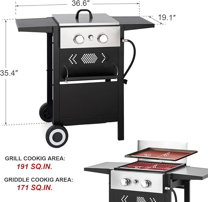 GREEN PARTY 2 Burner Griddle Grill Combo 2 in 1 Propane Gas BBQ Grill w/Cast Iron Plate 20000 BTU Output Small Flat Top Propane Barbecue Grill for Camping Patio Backyard Balcony