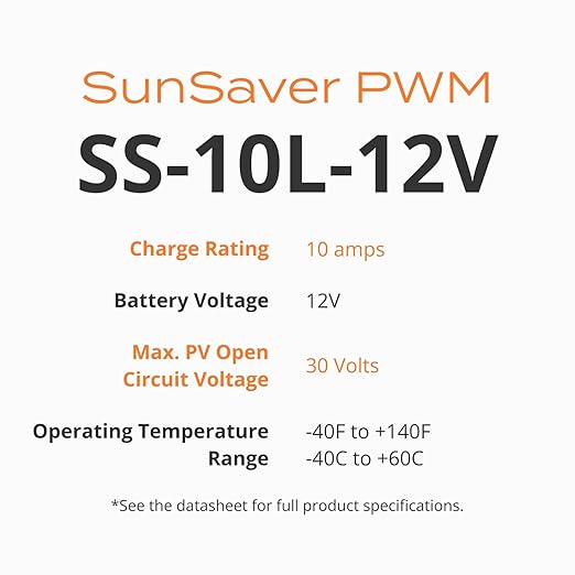Morningstar SunSaver 10A PWM Solar Charge Controller (SS-10L-12V) - Solar Panel Regulator for 12V batteries Four Stage Battery Charging LVD HazLoc Rated Low Noise 5 Year WTY - Designed in the USA