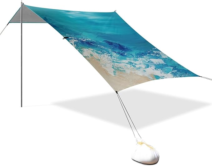 xigua Waves Beach Tent Sun Shelter with Carrying Bag - Silver Coated Oxford Fabric Beach Canopy for Beach Camping Fishing - Includes Windproof Ropes Sandbags &amp Stakes