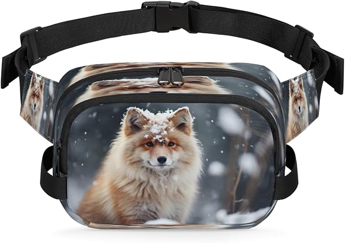 Cute Fox Snow Waterproof Fanny Pack for Women Men Adjustable Waist Bag with Double Zipper Pockets Lightweight Square Hip Pack for Running Travel Hiking Workout Cycling