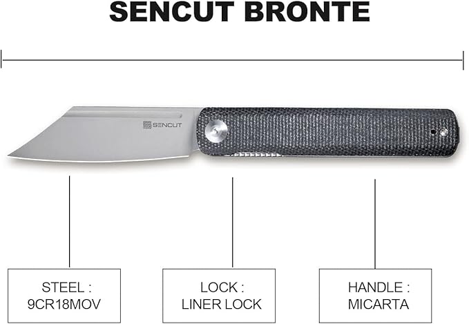 SENCUT Bronte Folding Pocket Knife with Front Flipper Opener 3.38 Inch Blade Black Micarta Handle SA08A