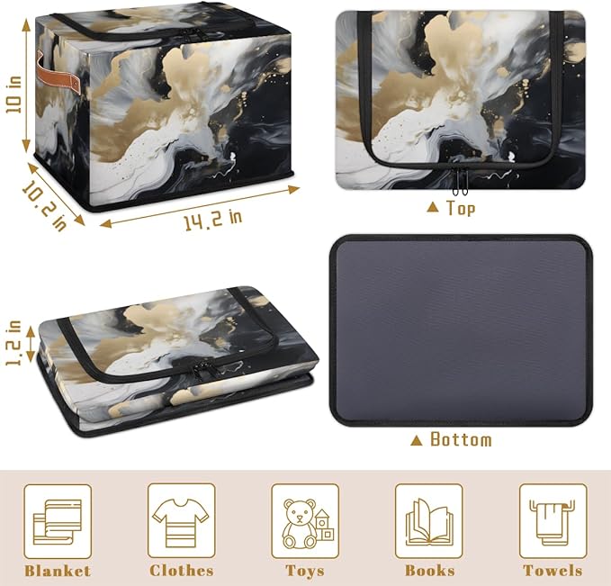 Marble Storage Bins with Zipper Lid Black Gold Marble Fabric Lidded Storage Baskets Cubes with Handles Decorative Foldable Shelf Closet Organizer Container