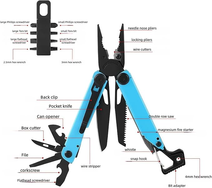 Multitool 25-in-1 Full-Size Lightweight EDC Multi-Purpose Pliers Folding Knife Camping Knives &amp Tools Outdoor Survival Gear Men Gift Ideas Gifts for Hunters Men who have Everything (Sky Bl