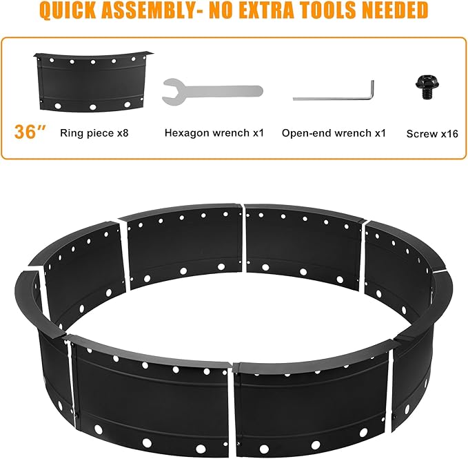 36 Inch Fire Pit Ring Large Outdoor Campfire Pit for Patio Backyard Garden Smokeless Steel Firepit with Air Vent for Efficient Burning &amp Anti-Rust Coating Black Steel