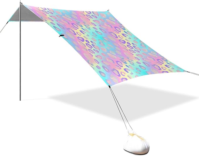ALAZA Leopard Cheetah Print Rainbow Gradient Beach Tent Sun Shelter UPF50+ Protection Beach Shade Canopy w/ 4 Sandbags for Outdoor Camping Fishing Backyard Fun Picnic 10x9 ft