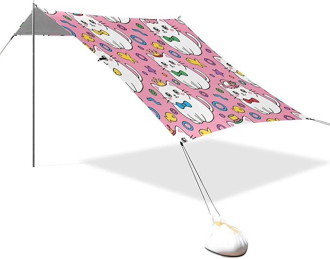 xigua Cat Beach Tent Sun Shelter with Carrying Bag - Silver Coated Oxford Fabric Beach Canopy for Beach Camping Fishing - Includes Windproof Ropes Sandbags &amp Stakes