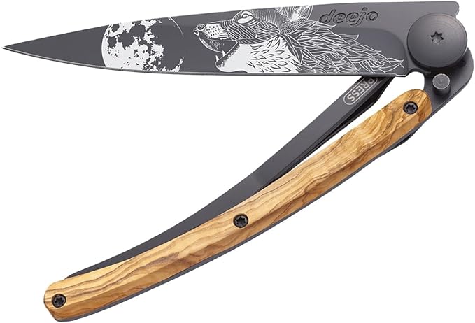 deejo - 37G Folding Pocket Knife with Belt Clip - Howling Design 3.7-Inch Stainless Steel Blade Black Titanium Finish Olive Wood Handle - Lightweight Everyday Carry for Home Work and Outdoor Use