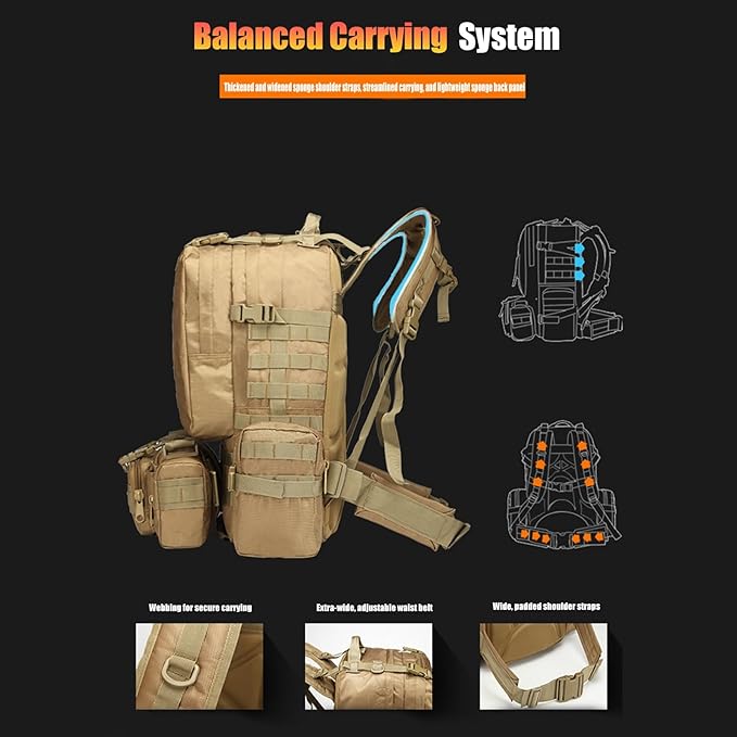 55L Tactical Backpack with Waterproof Ventilated Built Up 3 MOLLE Bags Anti Pressure Rucksacks for Travelling(Black)
