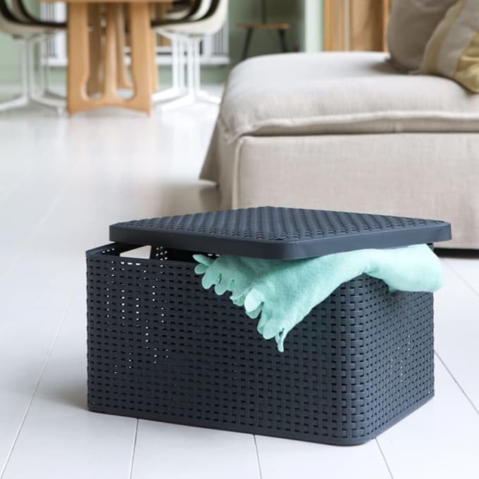 Curver CU Rattan Style Basket L+lid 03619 Grey 44 x 33 x 24 cm