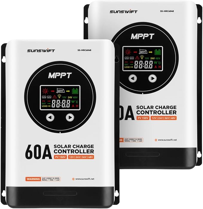 60A MPPT Solar Charge Controller with LCD Display 12V/24V/36V/48V Maximum 150V Input Charge Controllers for Solar Panels Gel AGM FLD and Lithium Battery2-Pack