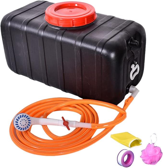 Haueeschoen Portable outdoor shower storage bucket with lid and handle Black plastic large water storage container Solar shower bucket with faucet and nozzle hose