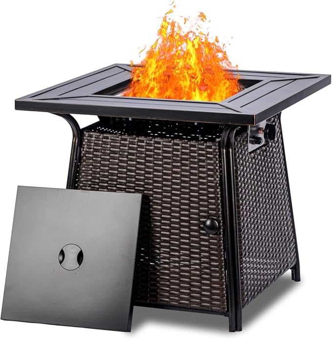 OutVue 28 inch Wicker Propane Fire Pit TableGas Fire Pits Table for Outside50000 BTU Propane Firepit with Lid &ampLava RocksGas Firepit for GardenYard (Brown Rattan)