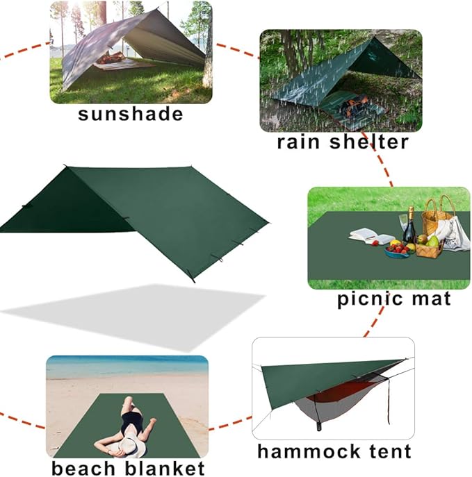 KALINCO Waterproof Camping Tarp Tent Hammock Rain Fly 10X10FT/10X15FT Mutifunctional Tent Footprint Lightweight Tarp for Camping Hiking and Survival Shelter