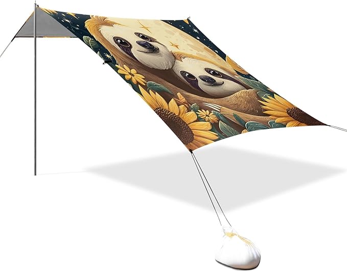 ALAZA Sloth Sunflower Moon Beach Tent Sun Shelter Portable Canopy Sunshade for Outdoor Camping Picnics Backyard Fun 10x9 ft