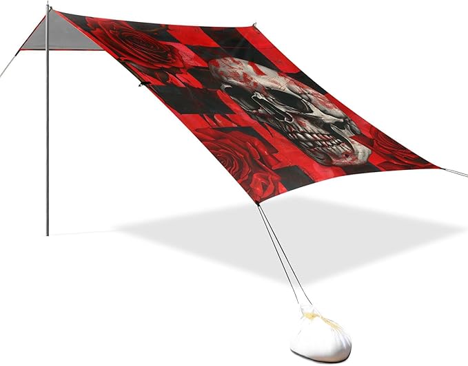 ALAZA Skull Red Rose Flower Beach Tent Sun Shelter UPF50+ Protection Beach Shade Canopy w/ 4 Sandbags for Outdoor Camping Fishing Backyard Fun Picnic 10x9 ft