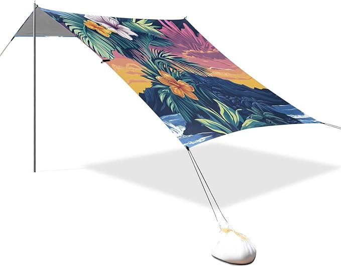 ALAZA Hawaiian Palm Flower Beach Tent Sun Shelter UPF50+ Protection Beach Shade Canopy w/ 4 Sandbags for Outdoor Camping Fishing Backyard Fun Picnic 10x9 ft