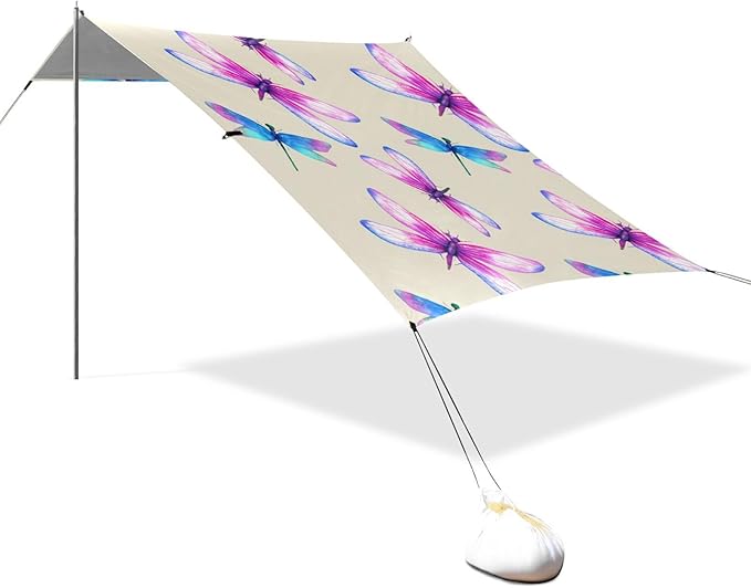 Beach Canopy with Windproof Ropes &amp Sandbags Beach Tent Sun Shade Sun Shelter for Camping Trips Fishing Backyard Fun or Picnics Dragonflies