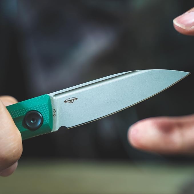 Real Steel Stella Slipjoint Folding Knife - 2.95 Grey washed VG-10 Blade G10 Textured Grip - Camping Hiking Daily Cutting - EDC Knife for Men and Women - Green