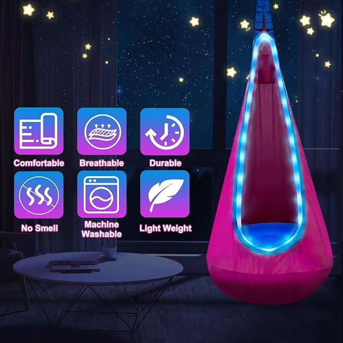 Light Up Swing Chair Hammock Chair Indoor Outdoor for Kids Pod with LED Lights Soft and Safe 176 lb. Load Capacity Easy Installation Perfect for Bedroom Garden and Playroom (Rose Red)
