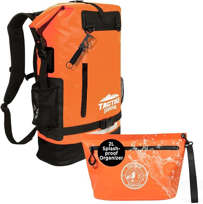 Tactiko 30L 100% Waterproof Backpack &amp 2L Splashproof Tarpaulin Zipper Pouch - Roll Top Dry Bag for Watersports &amp Travel Bag - Protection from Water Mud Sand Outdoor Camping (Orange)