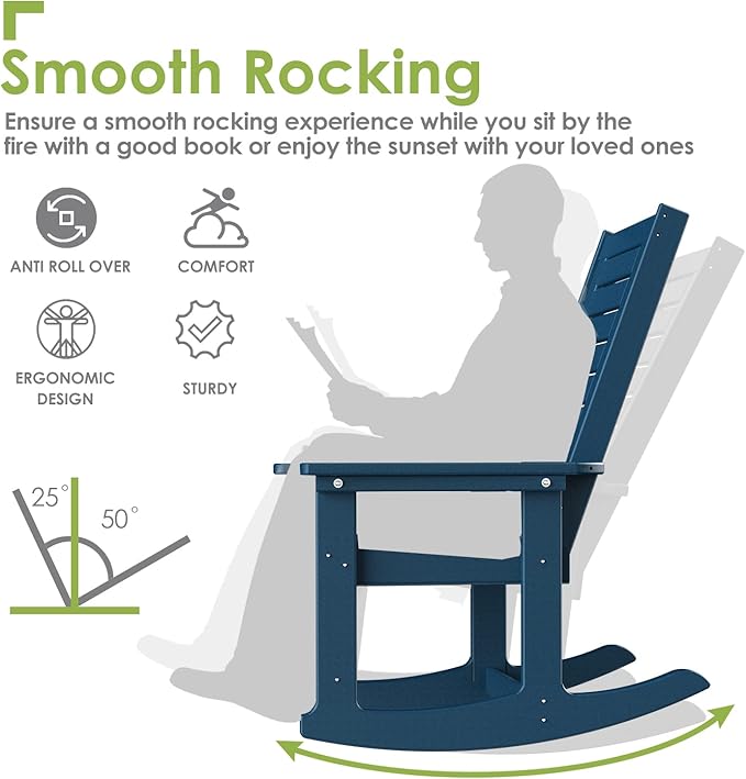 GREENVINES Outdoor Rocking Chairs | Set of 2 | Porch Rocker | HDPE Plastic | Blue | Oversized Rockers | High Back | Big &amp Tall | Ladder Back | for Patio Outside Backyard Balcony Garden