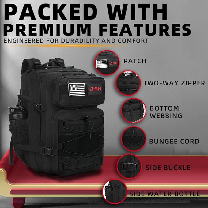 J.SH 45L Large Military Tactical Backpack for Men EDC MOLLE Backpack 900D Oxford Nylon 3-Day Assault Rucking Pack Heavy-Duty Tactical Gear for Outdoor HikingGym Rugged Survival&ampBug Out Bag-B