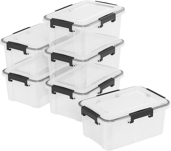Set of 6 12 Quart Plastic Stackable Storage Bins with Gasket Seal Lids Watertight Storage Container Clear Latch Box Tote