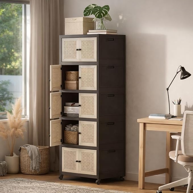 Foldable Plastic Storage Cabinet with Wheels Rattan-Style Doors Stackable Organizer with Magnetic DoorsStorage Boxes for Living Room Bedroom Office 5-Tier