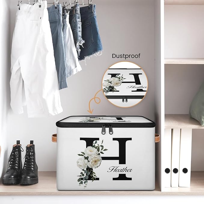 Custom Initials Floral Storage Bins with Lid Foldable Personalized Storage Basket Boxes with Handle Shelf Basket Closet Organizer Cube