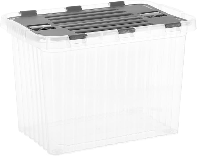 Superio Storage Box with Hinged Lids Plastic Container Bins for Organizing with Attached Lid Stackable Crates BPA Free Organizers for Home 17 Quart (Clear with Grey Lids 15x10x10.25)