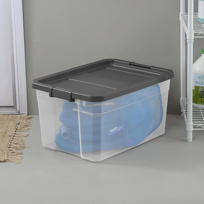 76 Quart Heavy-Duty Stacker Box – Clear Plastic Storage Bin with Secure Latch Lid Ideal for Home Garage Closet &amp Basement Organization Dark Gray (2)