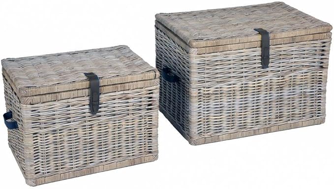 The Basket Lady Handwoven Deep Wicker Storage Trunk Natural Rattan Wicker Chest with Lid and Handles for Blankets and Home Organization-Serene Grey Extra Large 30 L x 21 W x 20.5 H