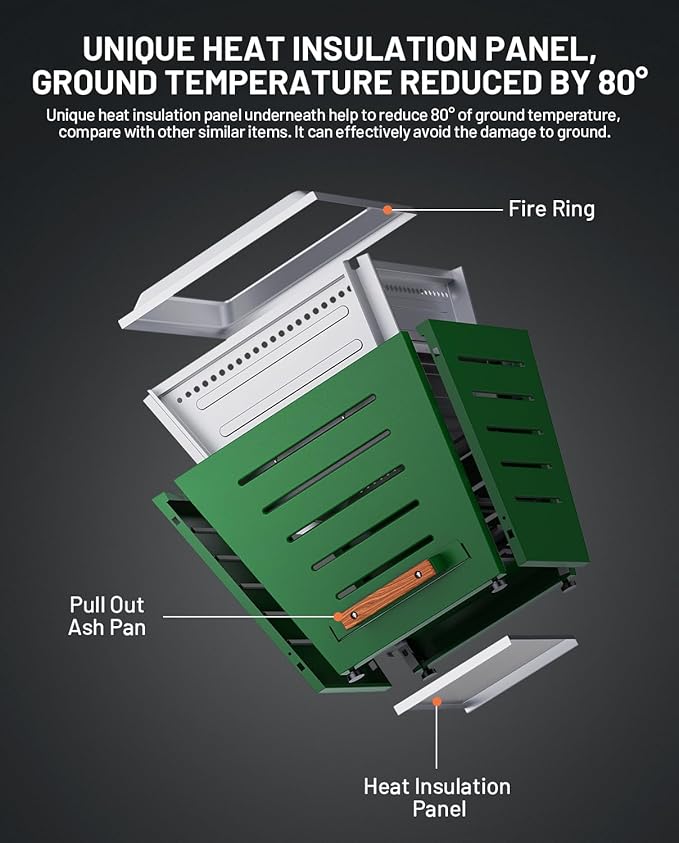 20 Inch Smokeless Fire Pit Stainless Steel Wood Burning Fireplace Portable Outdoor Fire Pit Patio Smokeless Firepit with Pull-Out Ash Tray and Handles Green