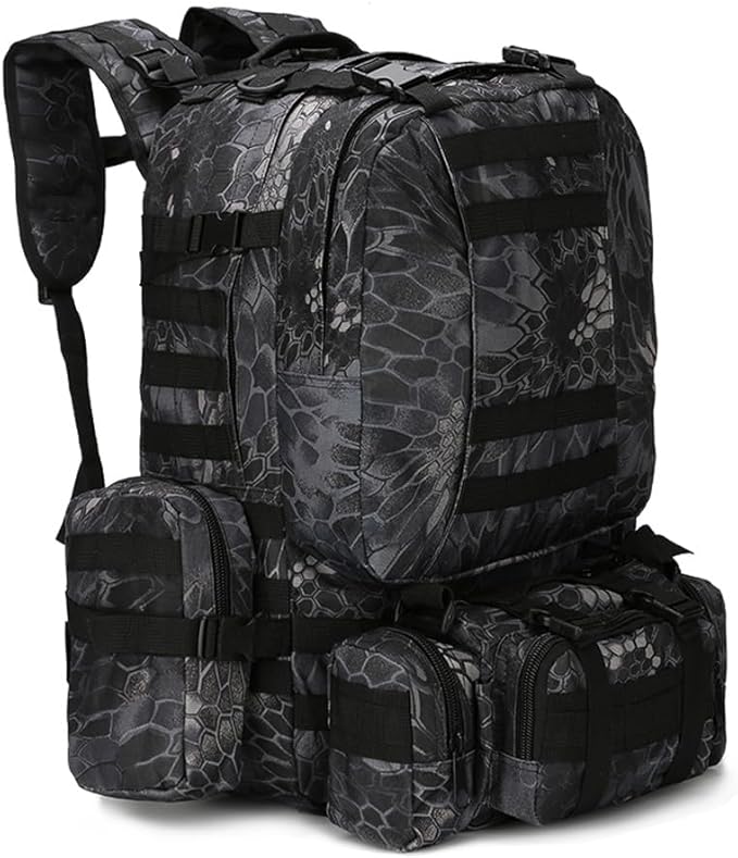 Tactical Backpack Military Army Rucksack 60L Large Assault Pack Detachable Molle Bag (Python Pattern Black)