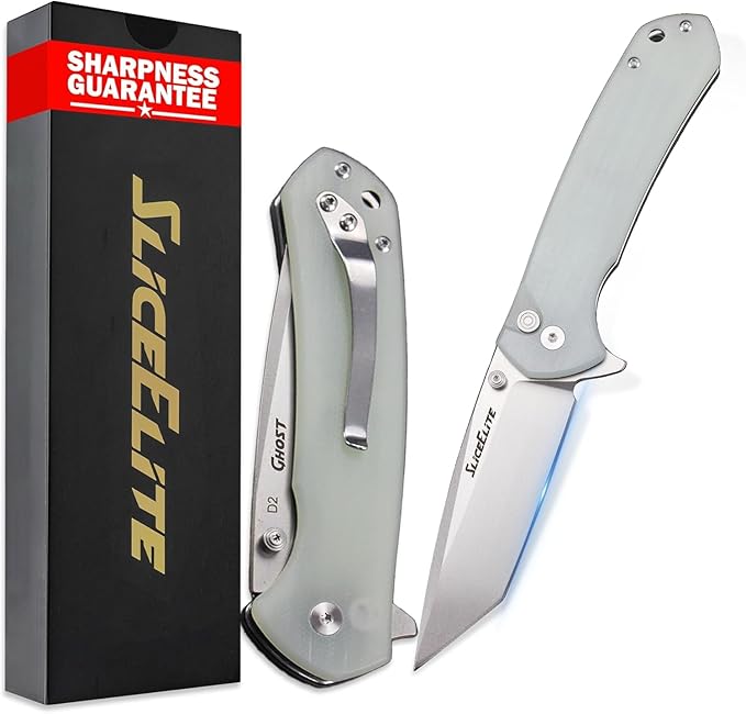 SliceElite Ghost EDC Knife 3.4 Inch D2 Steel Tanto Blade Translucent Green G10 Handle Button Lock Stainless Steel Pocket Clip Lightweight Compact Everyday Carry Knife