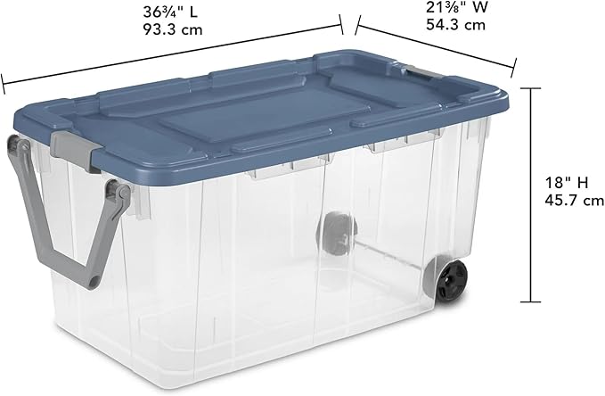 Modern Plastic &amp Metal 40 Gallon Lidded Home Storage Bins Stackable Industrial Storage Containers Tote Organizing Tote Tub Box with Wheeled Moving Boxes Set of 2 (Clear/Blue)